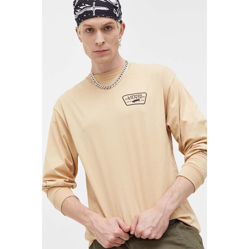 Bavlněné tričko s dlouhým rukávem Vans béžová barva, s potiskem