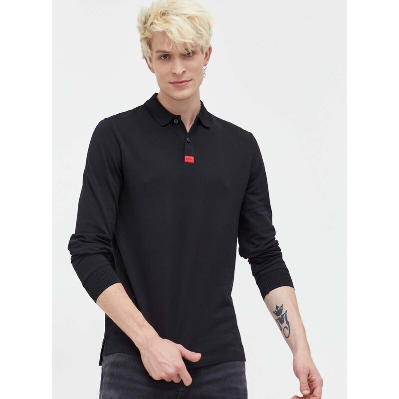 Bavlněné tričko s dlouhým rukávem HUGO černá barva