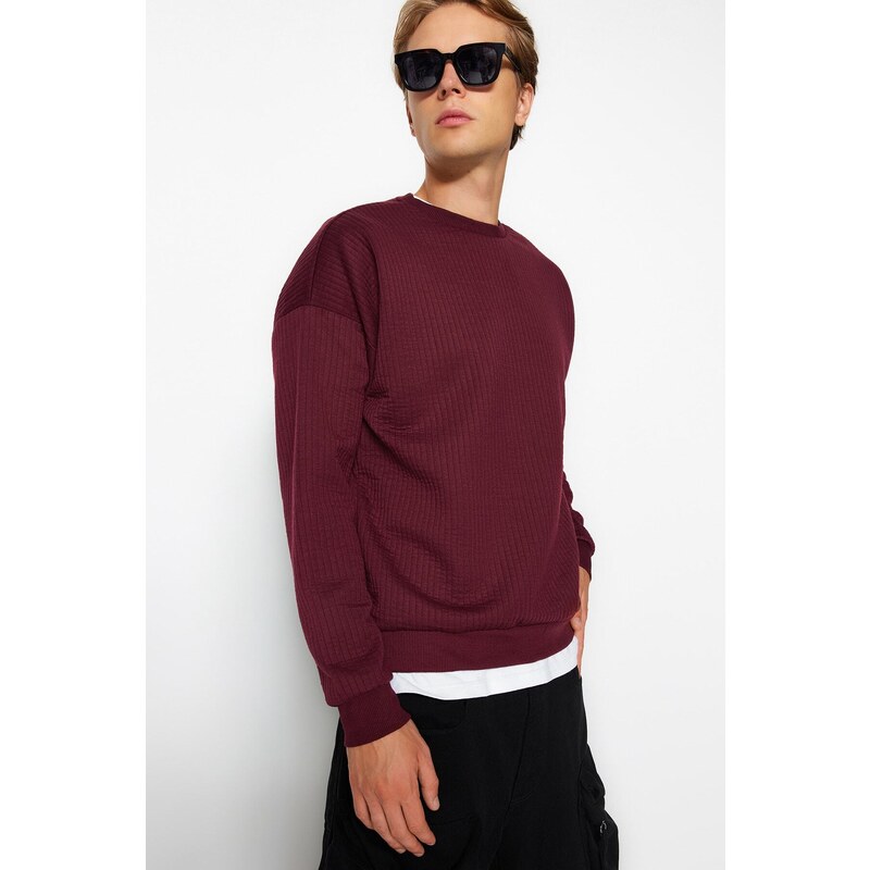 Trendyol Claret Red Oversize/Wide Cut Long Sleeve Crew Neck Textured Sweatshirt