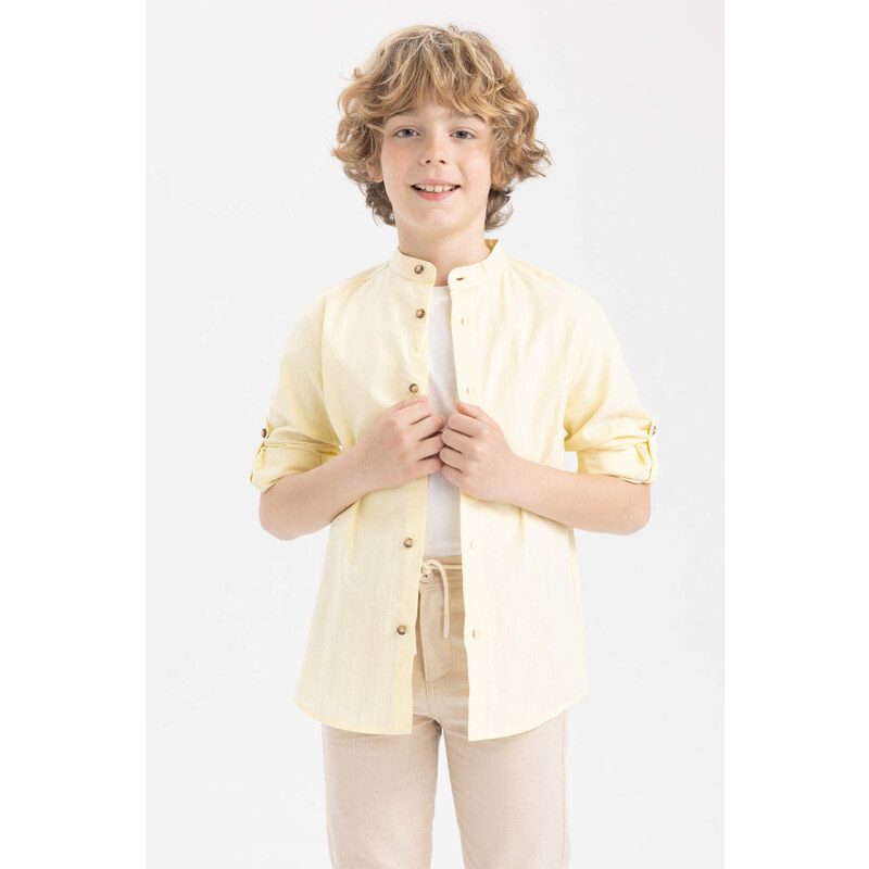 DEFACTO Boy Straight Collar Linen Look Long Sleeve Shirt