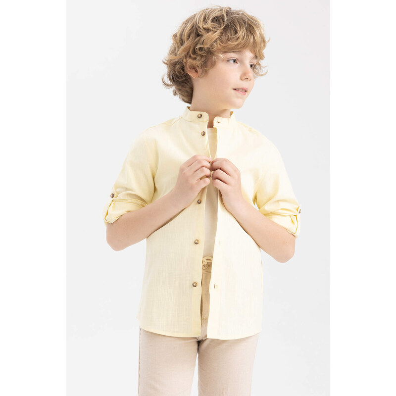 DEFACTO Boy Straight Collar Linen Look Long Sleeve Shirt