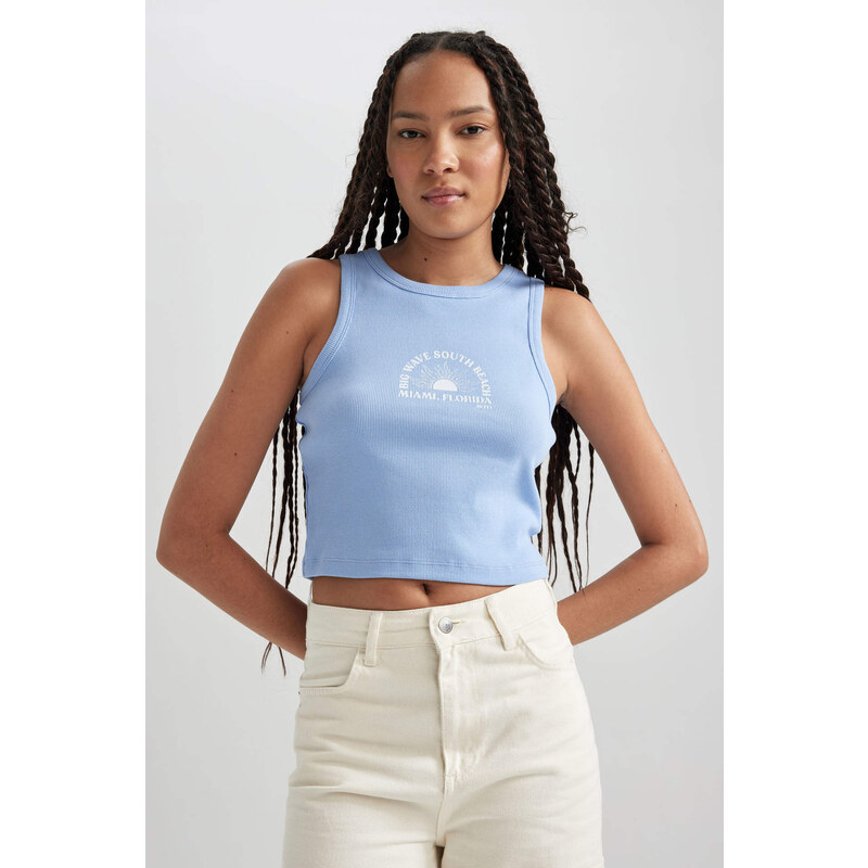 DEFACTO Fitted Printed Crew Neck Ribbed Camisole Crop Top