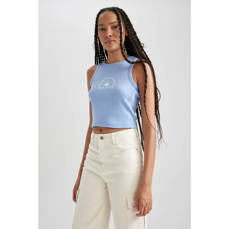 DEFACTO Fitted Printed Crew Neck Ribbed Camisole Crop Top