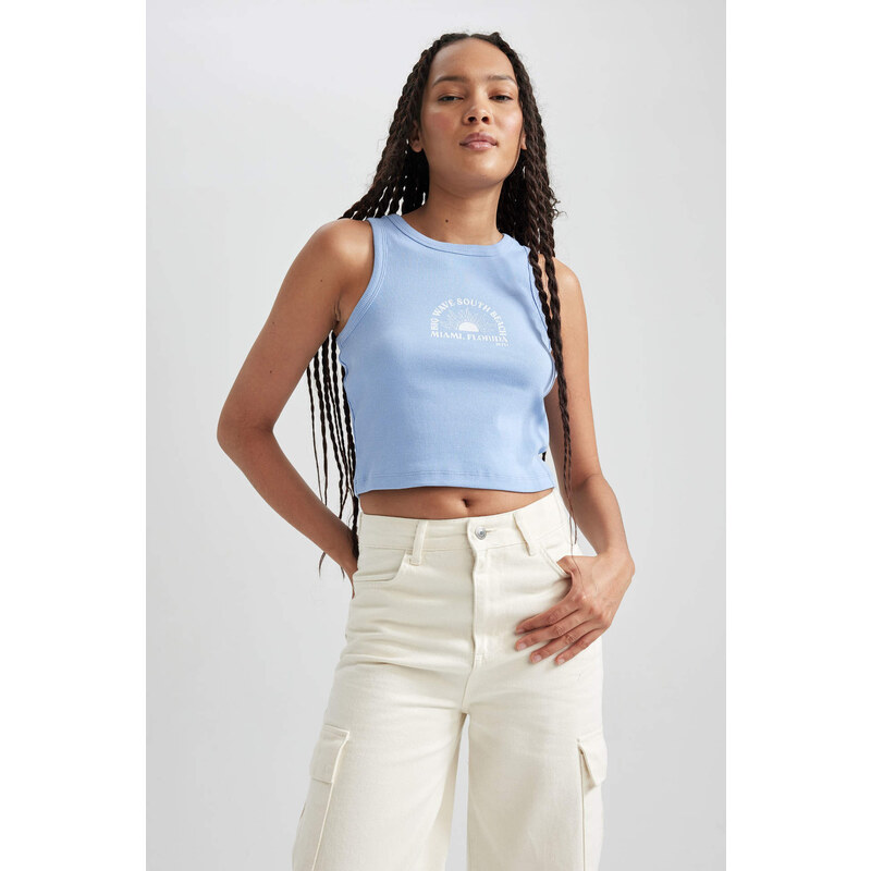 DEFACTO Fitted Printed Crew Neck Ribbed Camisole Crop Top