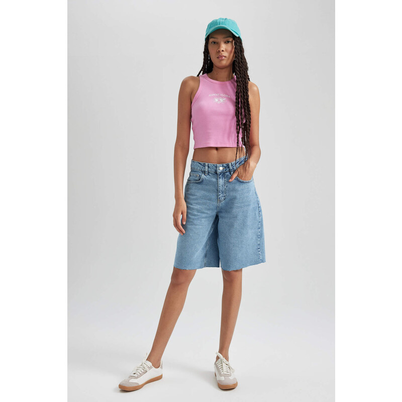 DEFACTO Fitted Printed Crew Neck Ribbed Camisole Crop Top