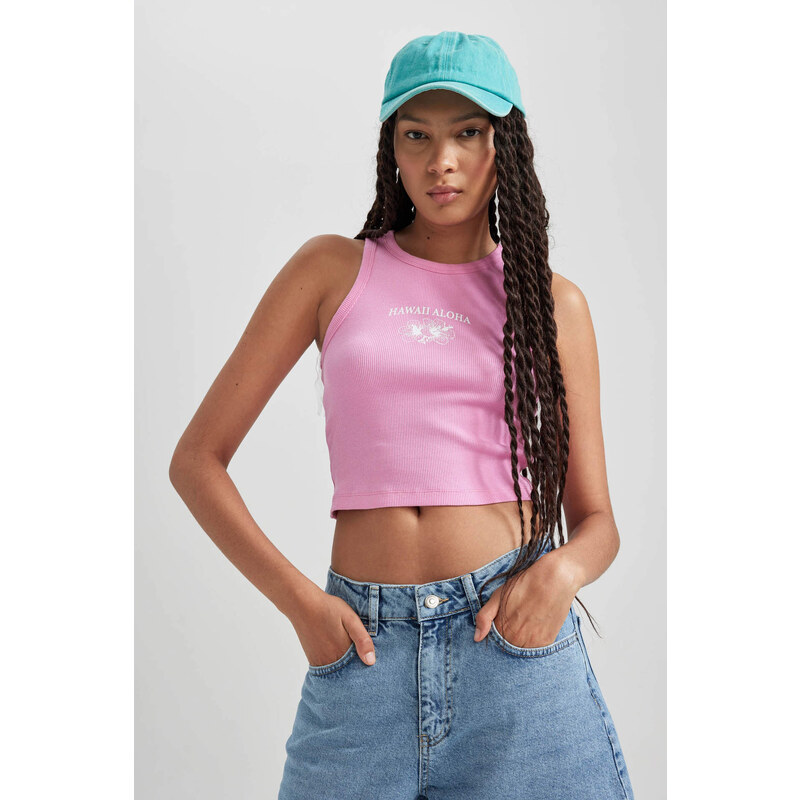 DEFACTO Fitted Printed Crew Neck Ribbed Camisole Crop Top