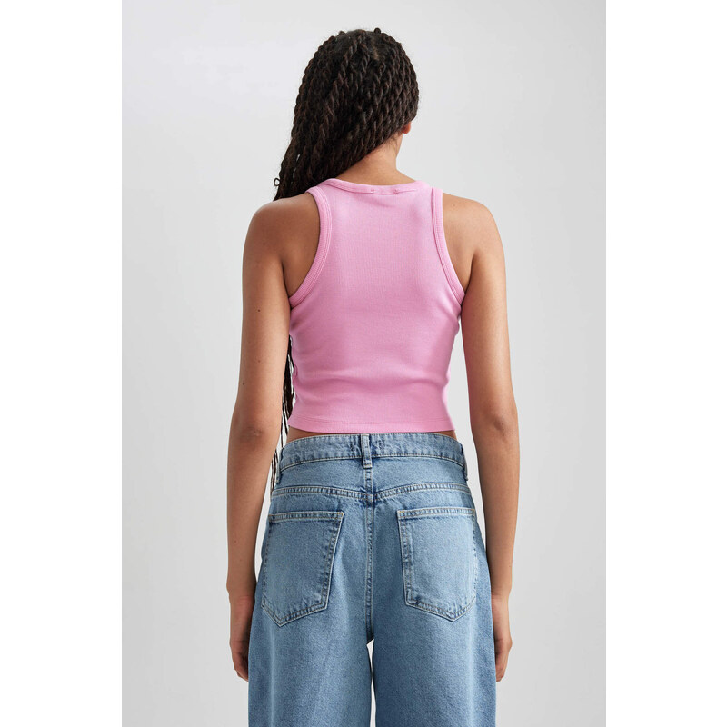 DEFACTO Fitted Printed Crew Neck Ribbed Camisole Crop Top