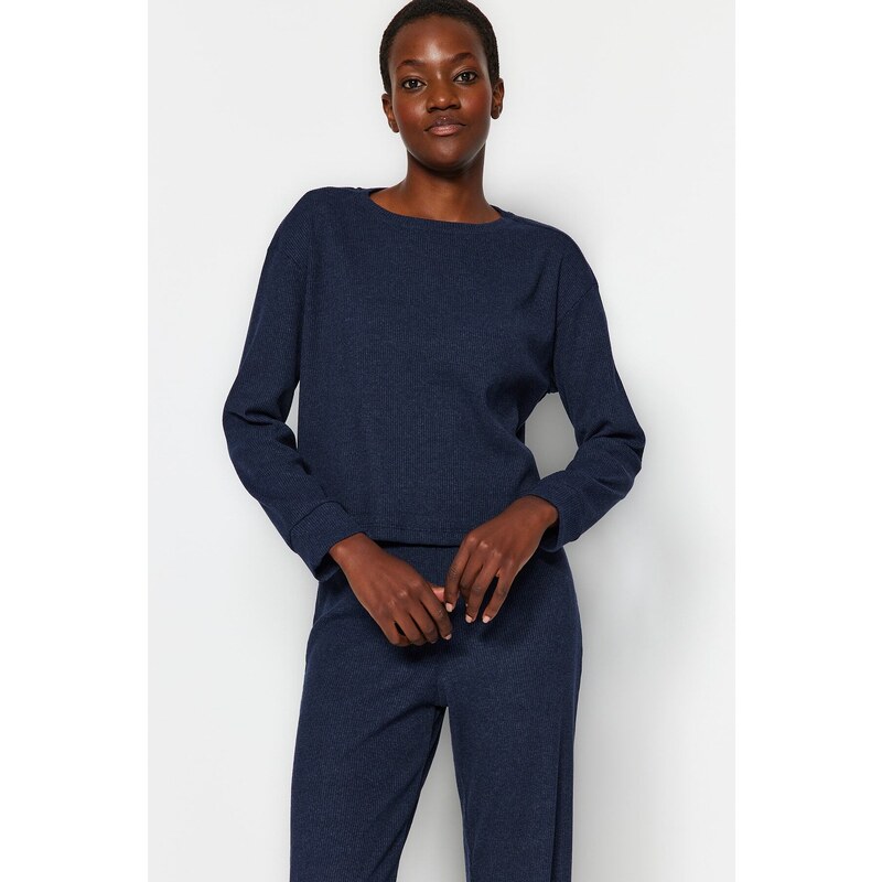 Trendyol Navy Blue Corded Cotton T-shirt-Pants Knitted Pajama Set