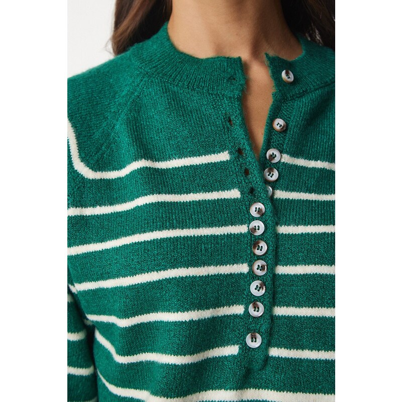 Happiness İstanbul Women's Dark Green Ecru Buttoned Collar Knitwear Sweater