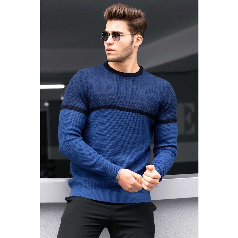 Madmext Men's Indigo Color Block Sweater 4734