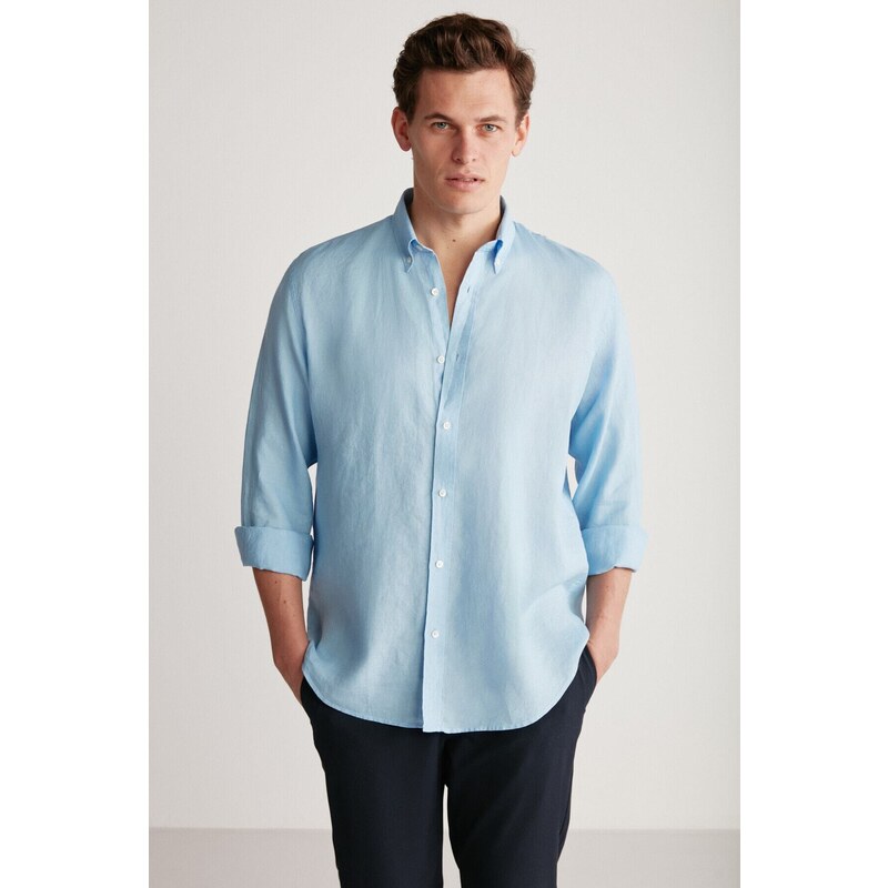 GRIMELANGE Brice Men's 100% Linen Flowy Light Blue Shirt