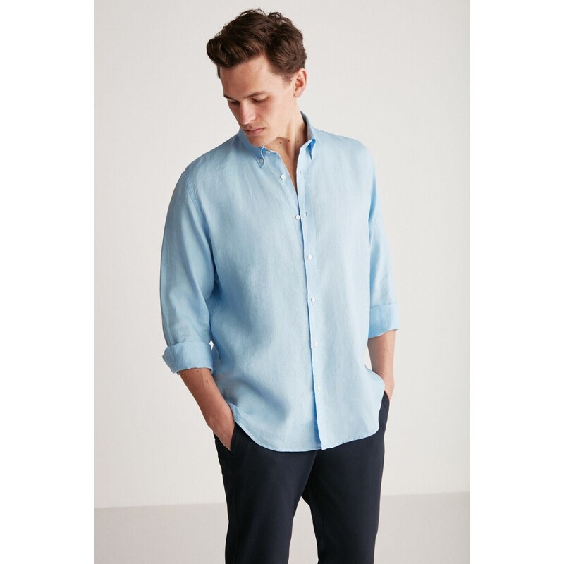 GRIMELANGE Brice Men's 100% Linen Flowy Light Blue Shirt