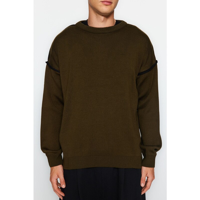 Trendyol Khaki Oversize Fit Wide Fit Crew Neck Piping Detailed Knitwear Sweater