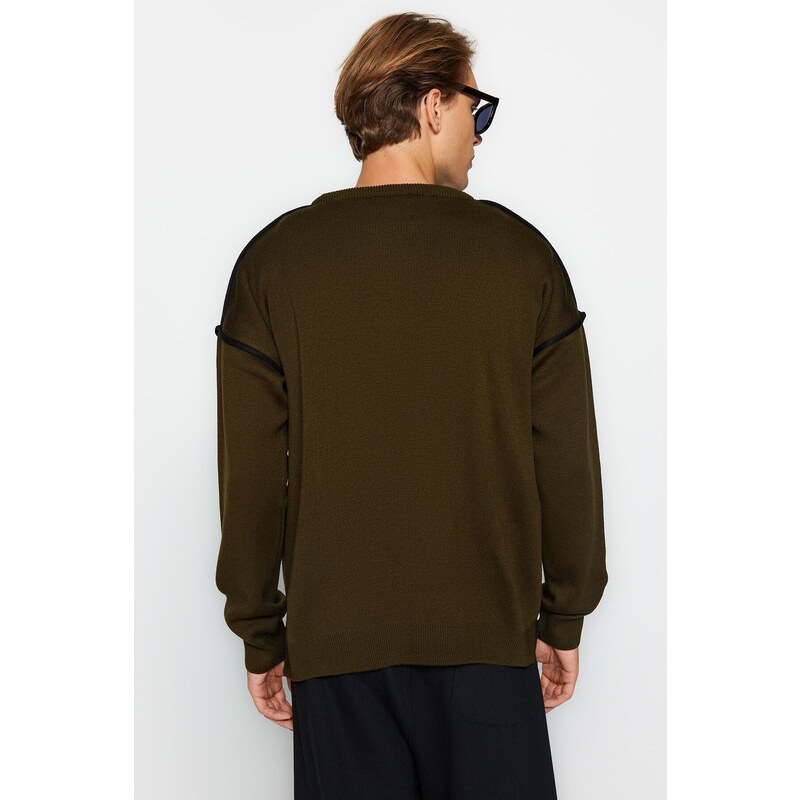 Trendyol Khaki Oversize Fit Wide Fit Crew Neck Piping Detailed Knitwear Sweater