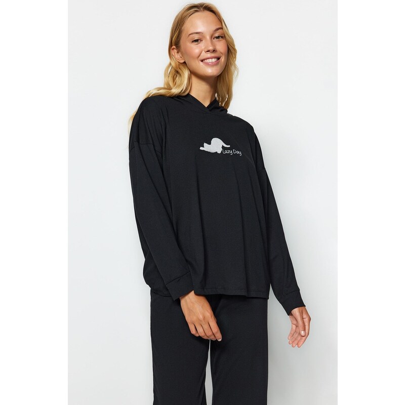 Trendyol Black Cotton Cat Printed Sweatshirt-Pants Knitted Pajamas Set