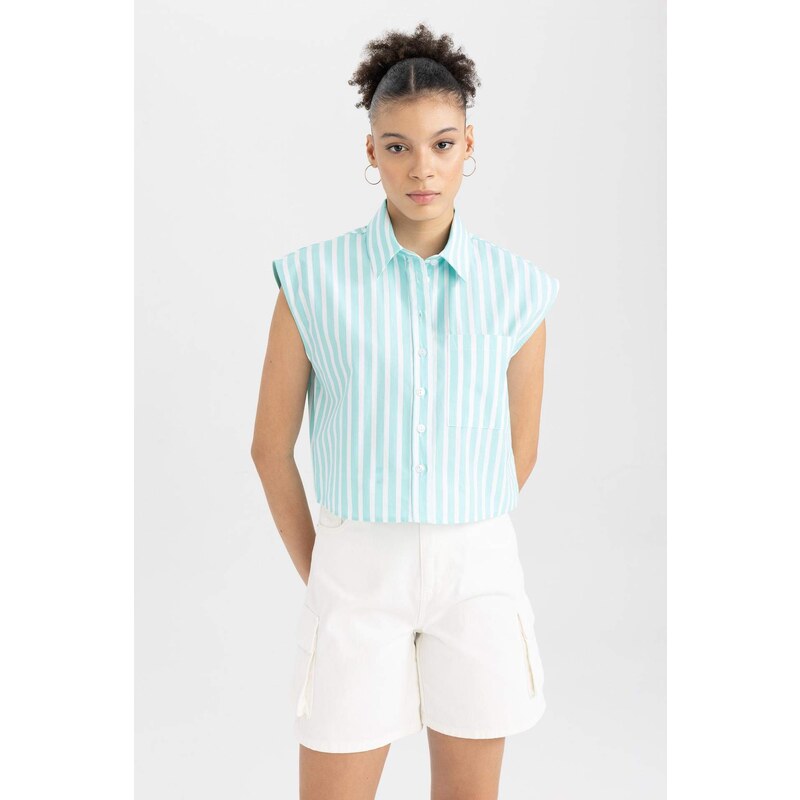 DEFACTO Cool Crop Top Shirt Collar Striped Poplin Sleeveless Shirt