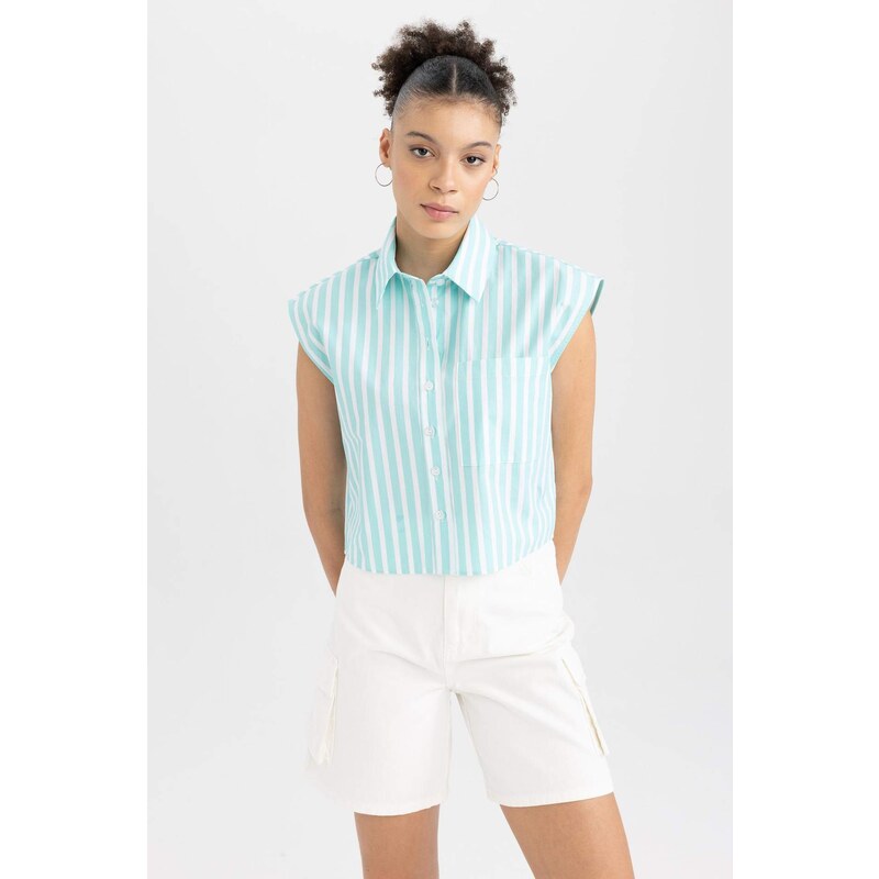 DEFACTO Cool Crop Top Shirt Collar Striped Poplin Sleeveless Shirt