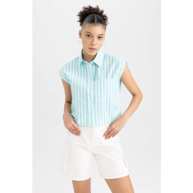 DEFACTO Cool Crop Top Shirt Collar Striped Poplin Sleeveless Shirt