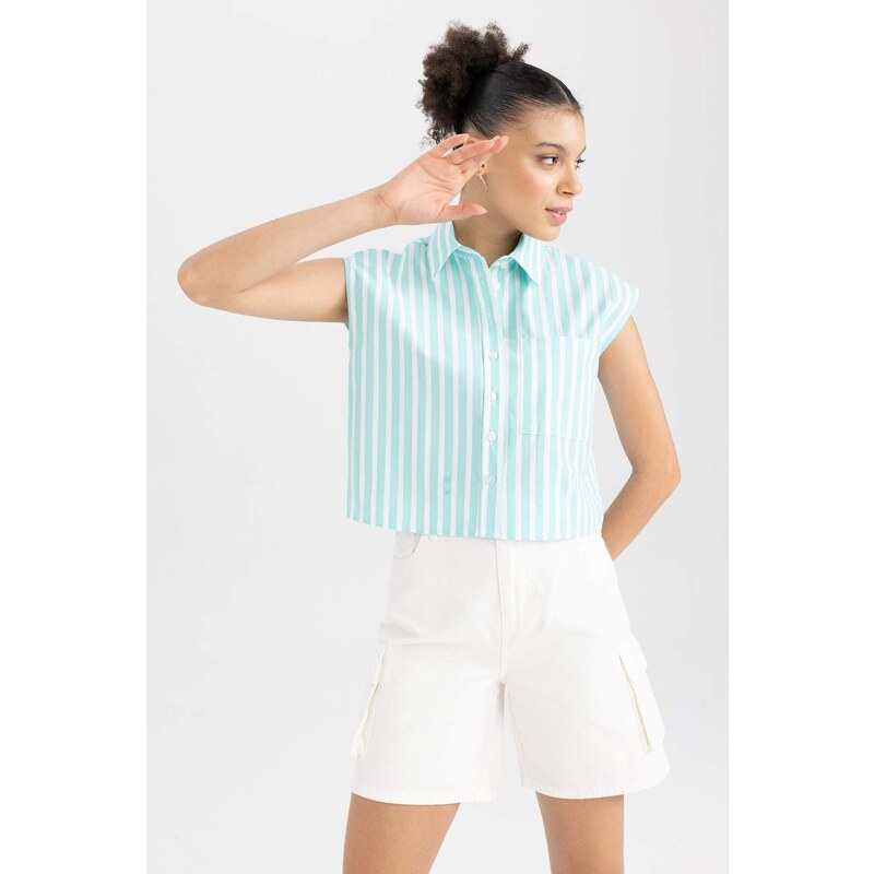 DEFACTO Cool Crop Top Shirt Collar Striped Poplin Sleeveless Shirt