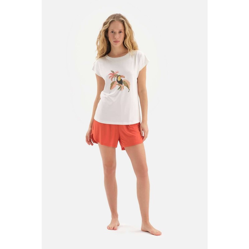 Dagi White Printed Short Sleeve Viscose Shorts Pajamas Set