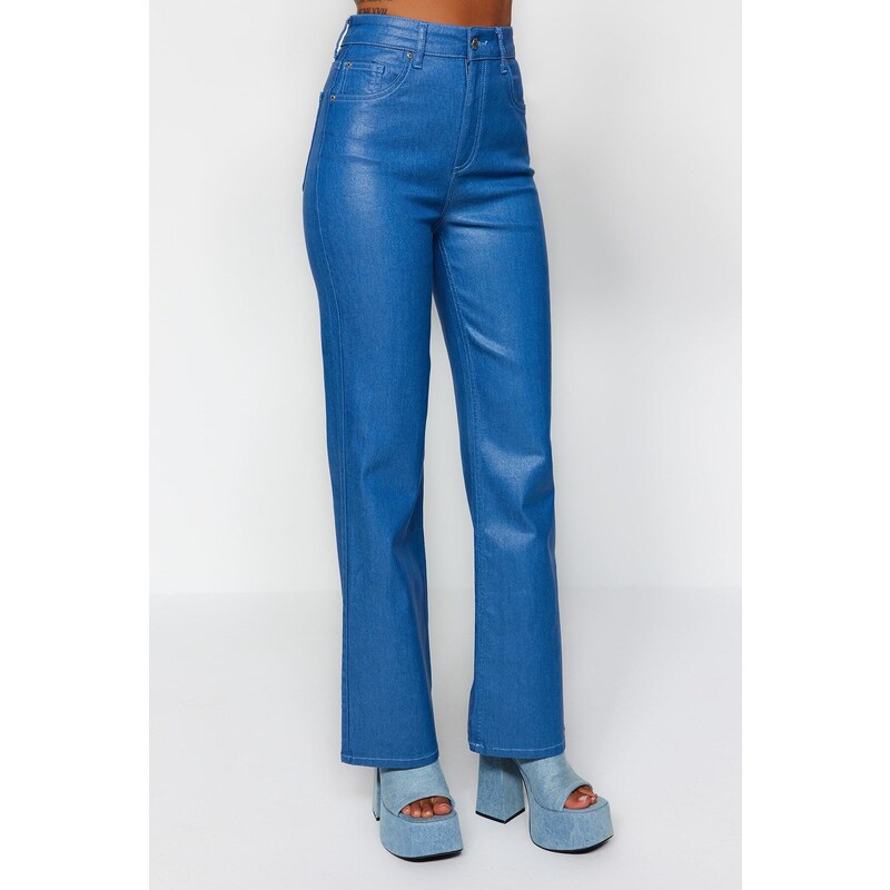 Trendyol Modré lesklé metalické tištěné džíny s vysokým pasem