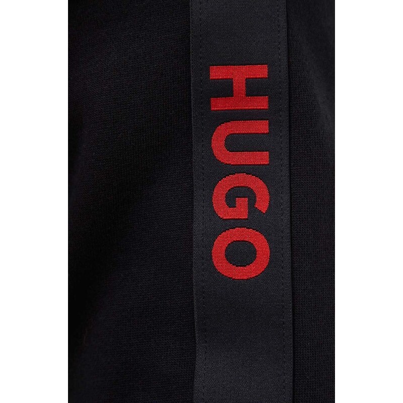 Bavlněná mikina HUGO černá barva, s kapucí, s aplikací