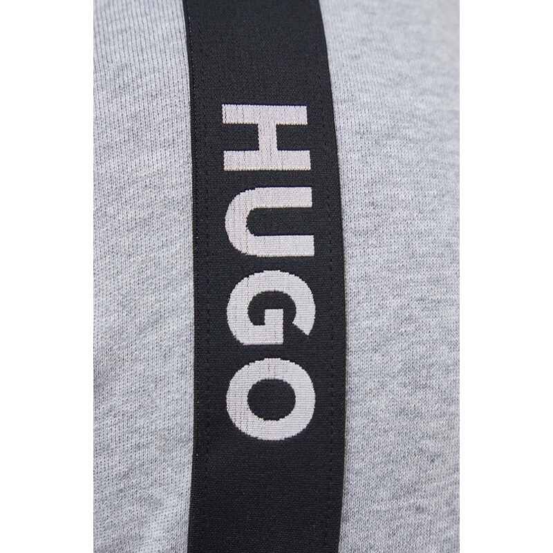 Bavlněná mikina HUGO šedá barva, s kapucí, s aplikací