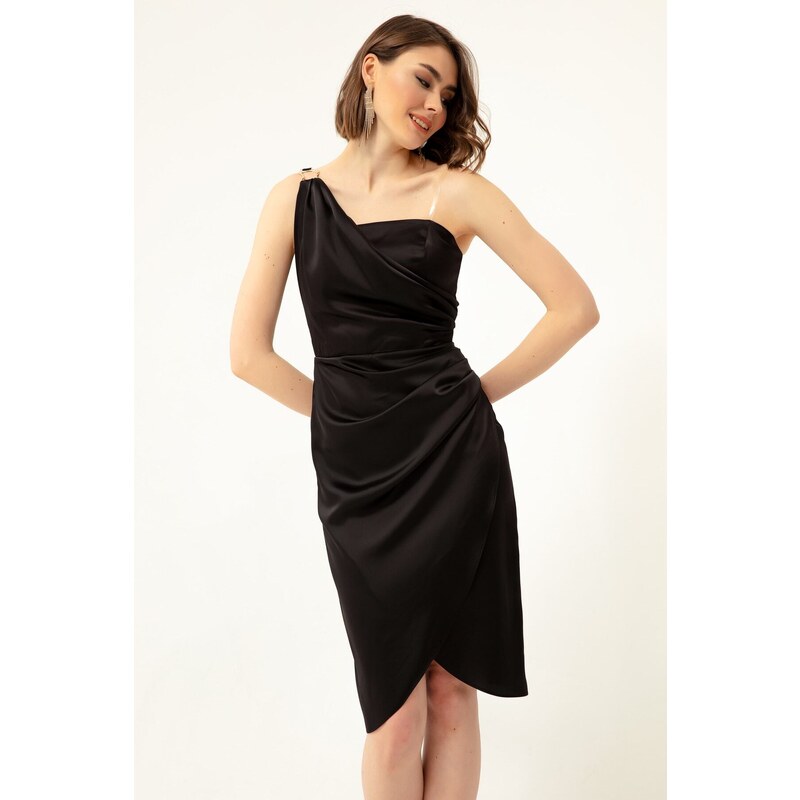 Lafaba Women's Black One-Shoulder Midi Satin Evening Dress