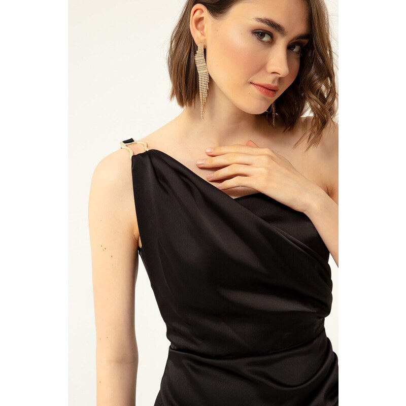 Lafaba Women's Black One-Shoulder Midi Satin Evening Dress