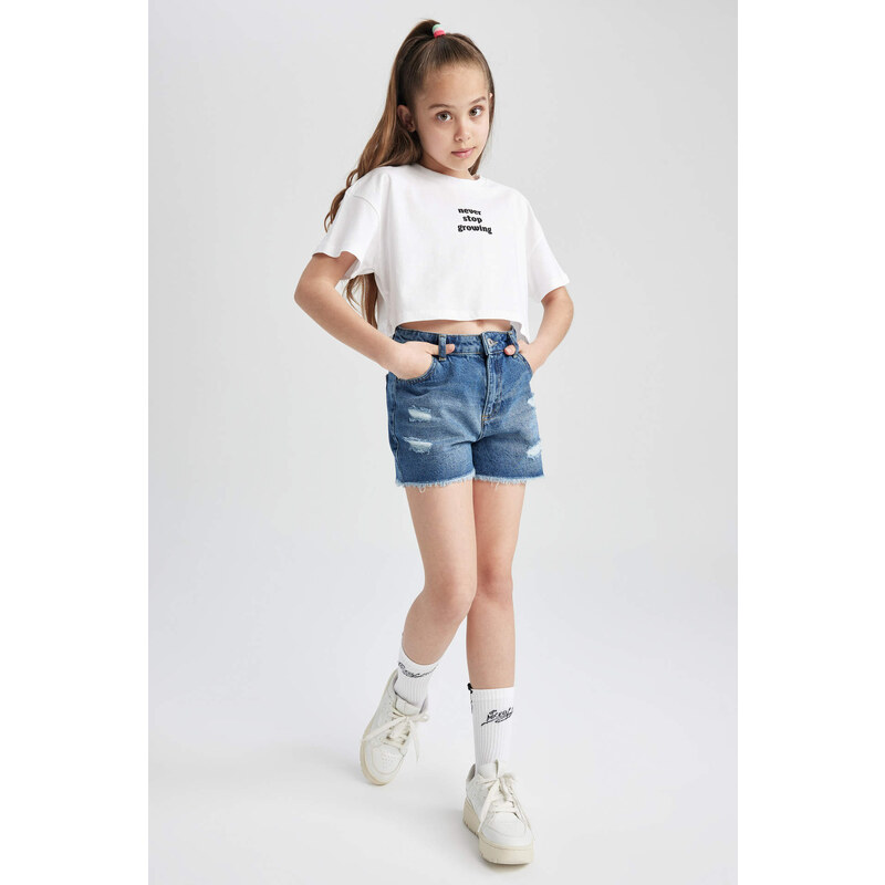 DEFACTO Girl Mom Fit Ripped Detailed Shorts