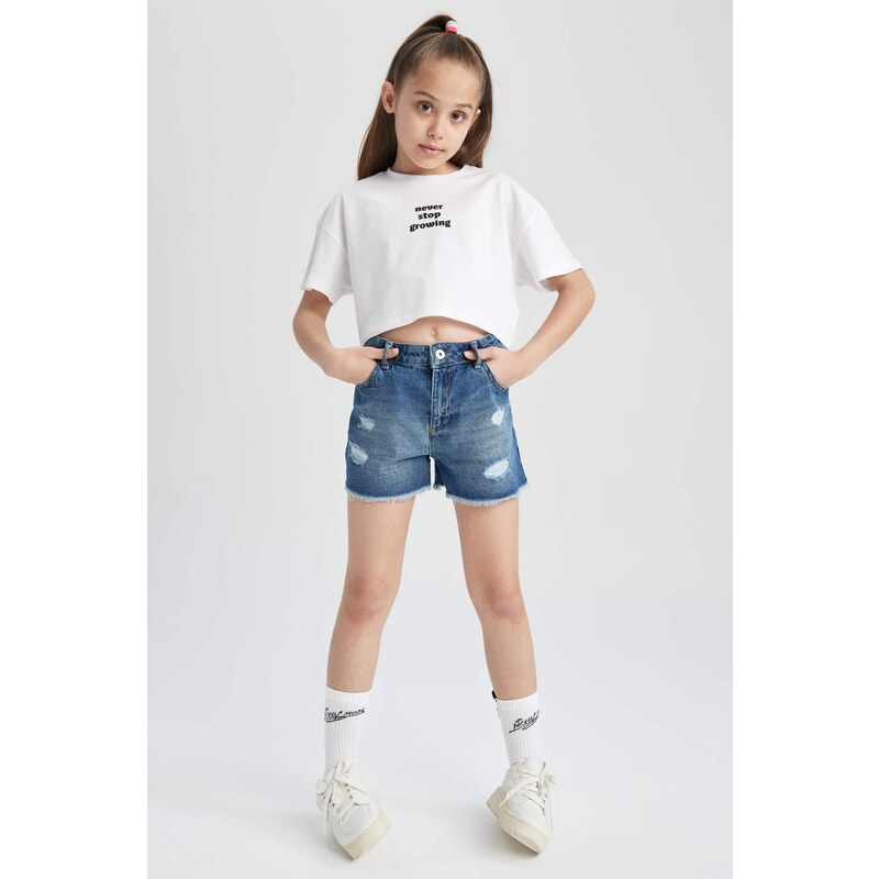 DEFACTO Girl Mom Fit Ripped Detailed Shorts