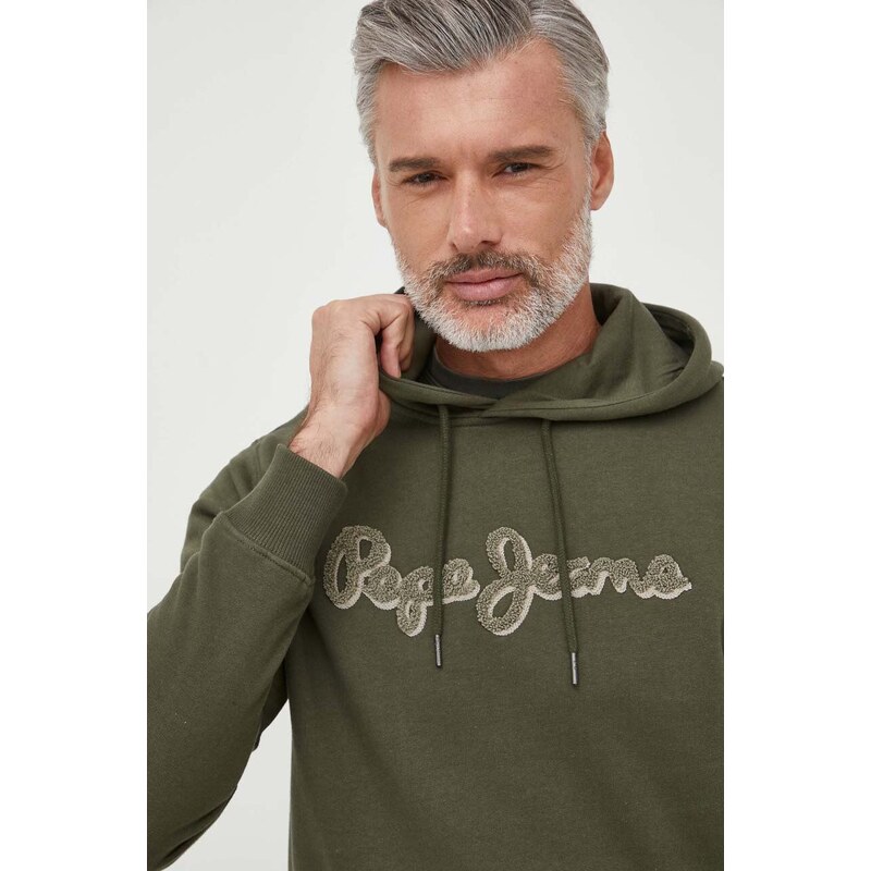 Bavlněná mikina Pepe Jeans RYAN pánská, zelená barva, s kapucí, s aplikací