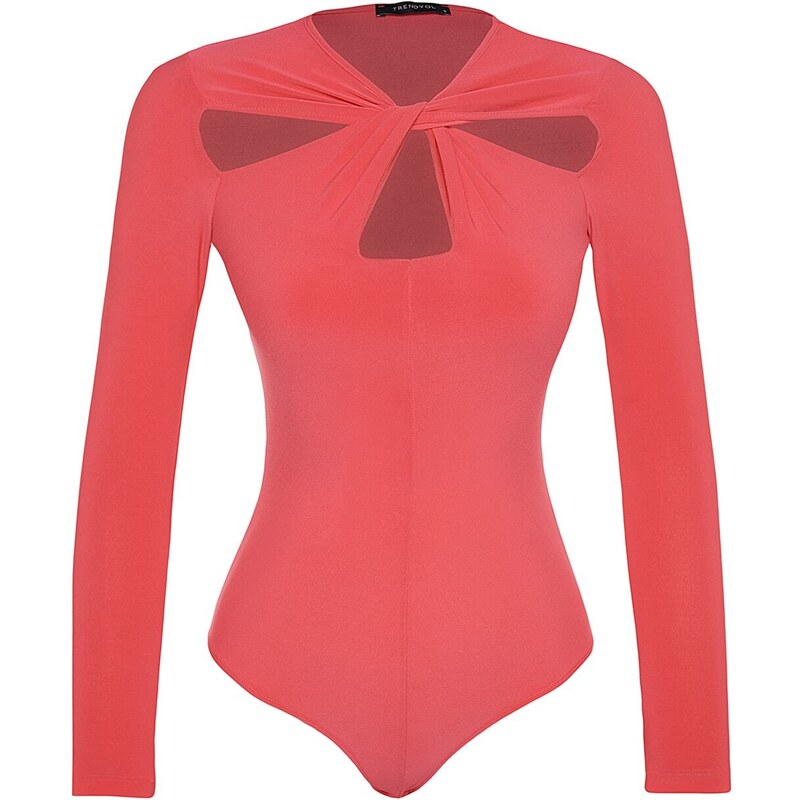 Trendyol Fuchsia Cut Out and Gathered Detail Fitted Bodysuit with Flexible Snaps Knit Body