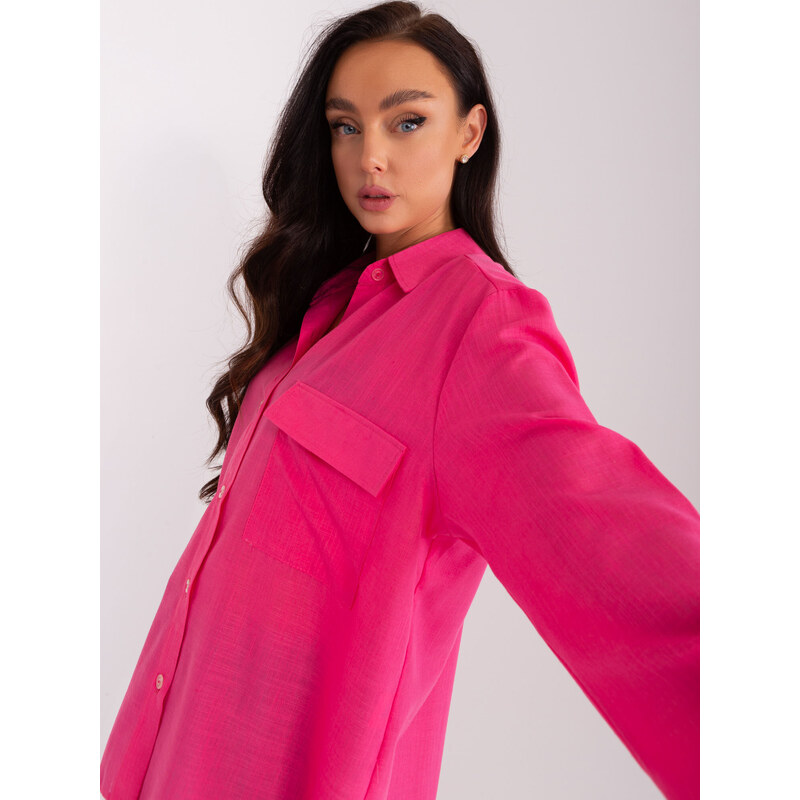 Fashionhunters Tmavě růžová volná lněná košile pro ženy
