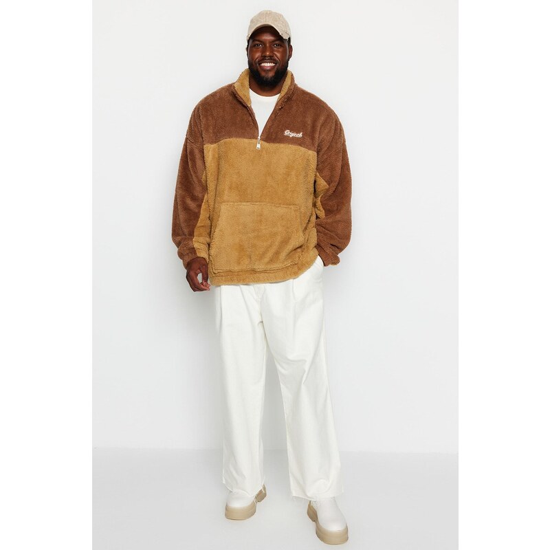 Trendyol Camel Unisex Plus Size Oversize/Wide Fit Color Block Embroidered Plush Sweatshirt