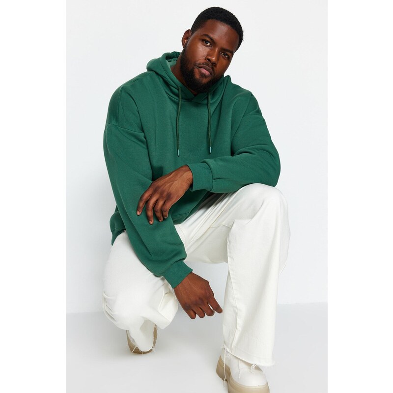 Trendyol Green Plus Size Basic Comfortable Hooded Labeled Fleece Cotton Sweatshirt