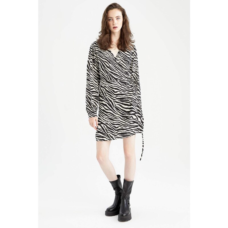 DEFACTO A Cut V-Neck Animal Print Mini Long Sleeve Dress