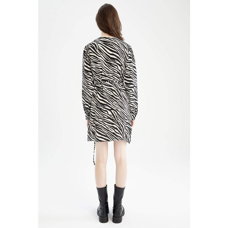 DEFACTO A Cut V-Neck Animal Print Mini Long Sleeve Dress