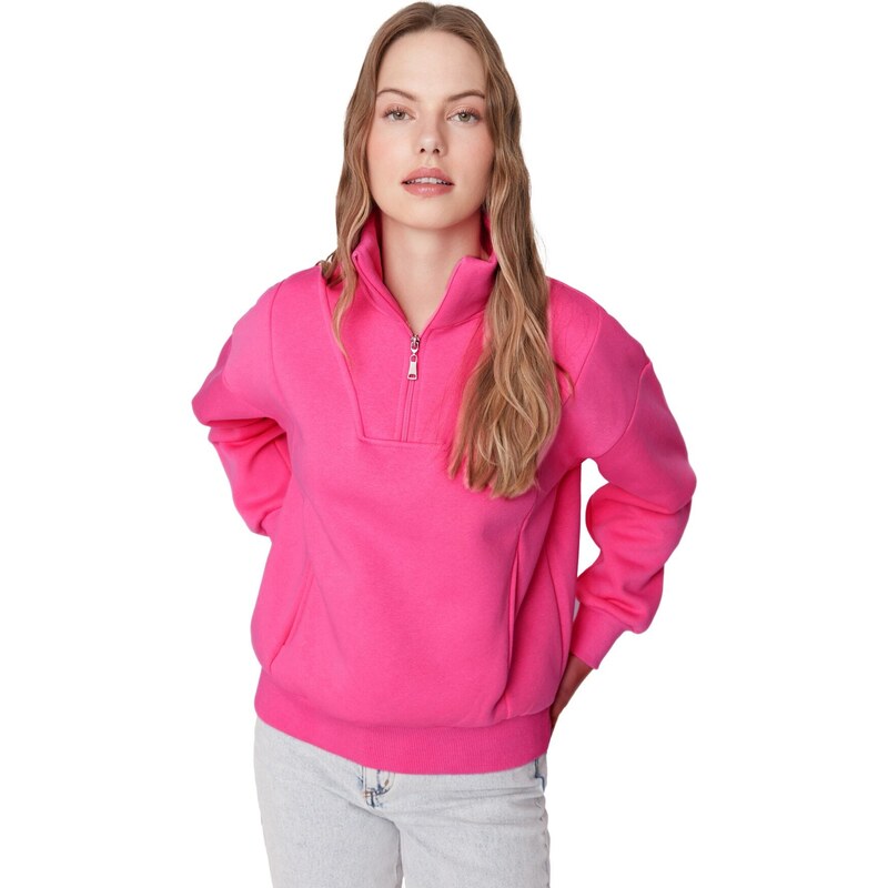 Trendyol Pink Oversize/Wide Zipper High Neck Thick Fleece Knitted Sweatshirt