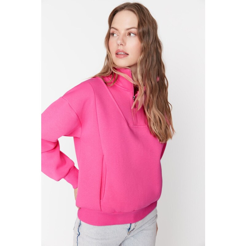 Trendyol Pink Oversize/Wide Zipper High Neck Thick Fleece Knitted Sweatshirt