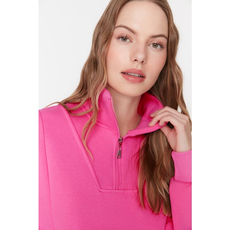 Trendyol Pink Oversize/Wide Zipper High Neck Thick Fleece Knitted Sweatshirt