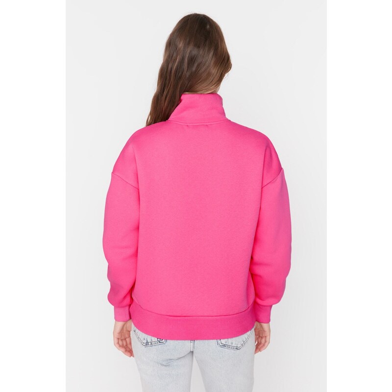 Trendyol Pink Oversize/Wide Zipper High Neck Thick Fleece Knitted Sweatshirt