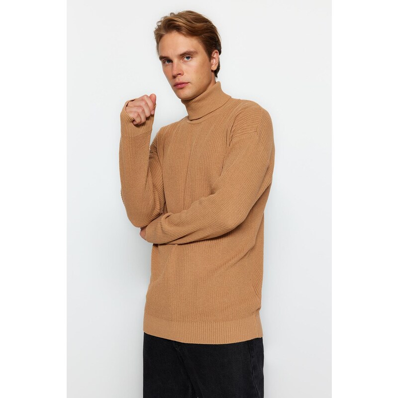 Trendyol Camel Oversize Wide Fit Turtleneck Basic Sweater