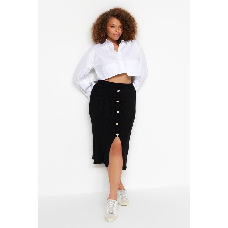 Trendyol Curve Black Gold Button Detailed Corduroy Knit Skirt