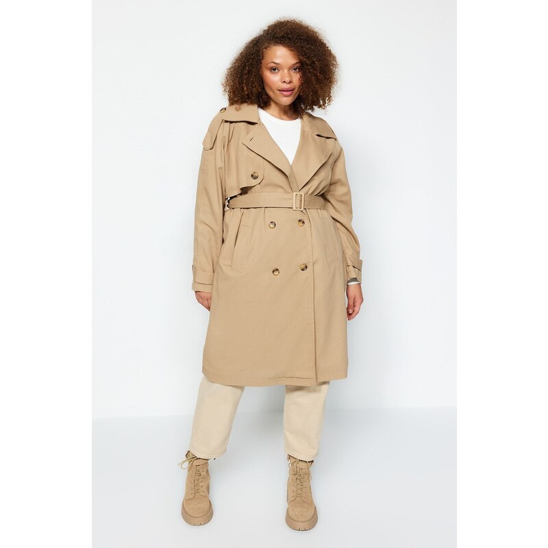 Trendyol Curve Light Khaki Waist Belted Gabardinena Trench Coat