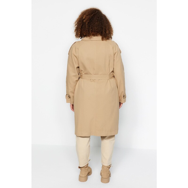 Trendyol Curve Light Khaki Waist Belted Gabardinena Trench Coat