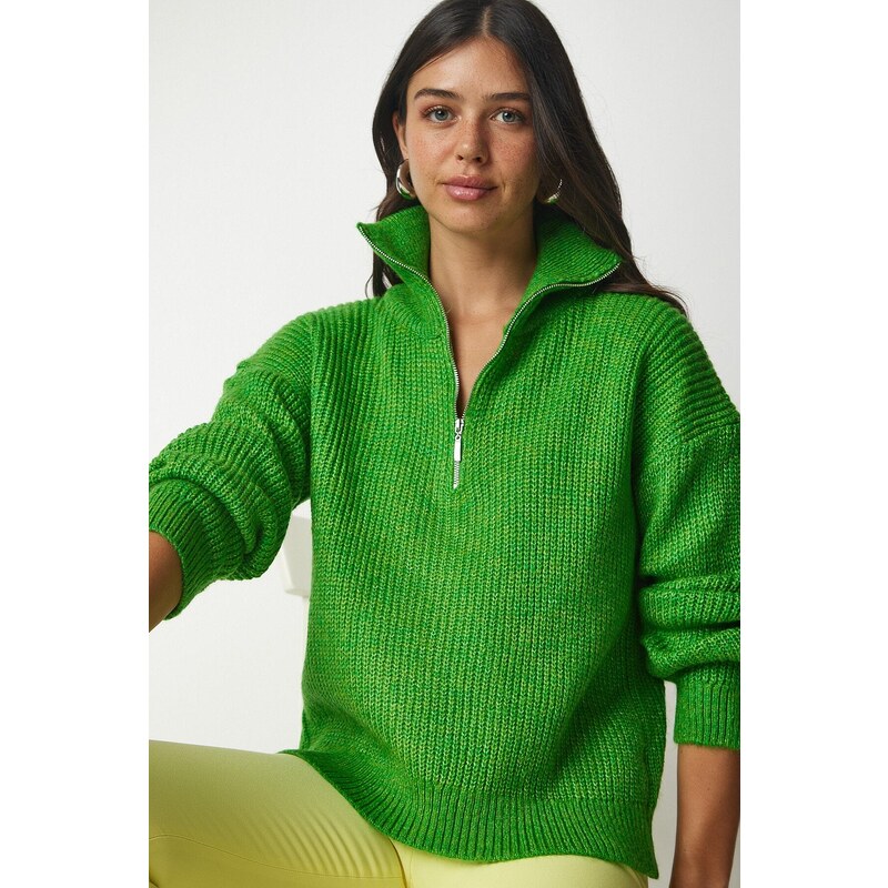 Happiness İstanbul Štěstí İstanbul Dámský zelený zip límec pletený svetr