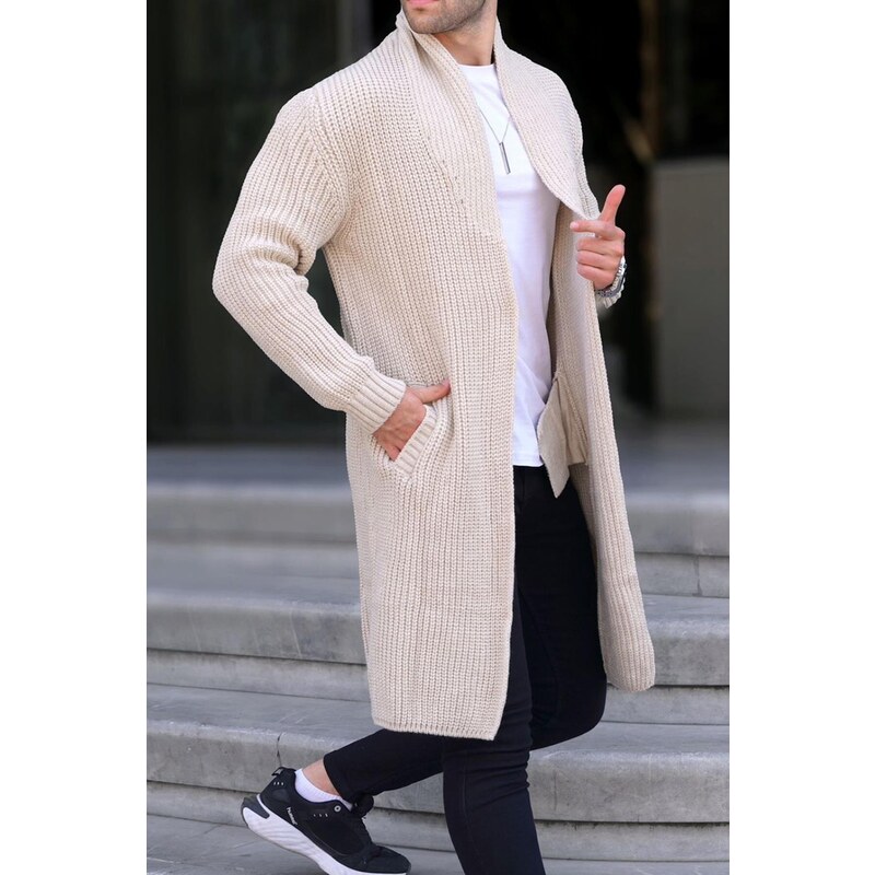 Madmext Stone Color Standing Collar Long Knitwear Cardigan with Pocket 6816