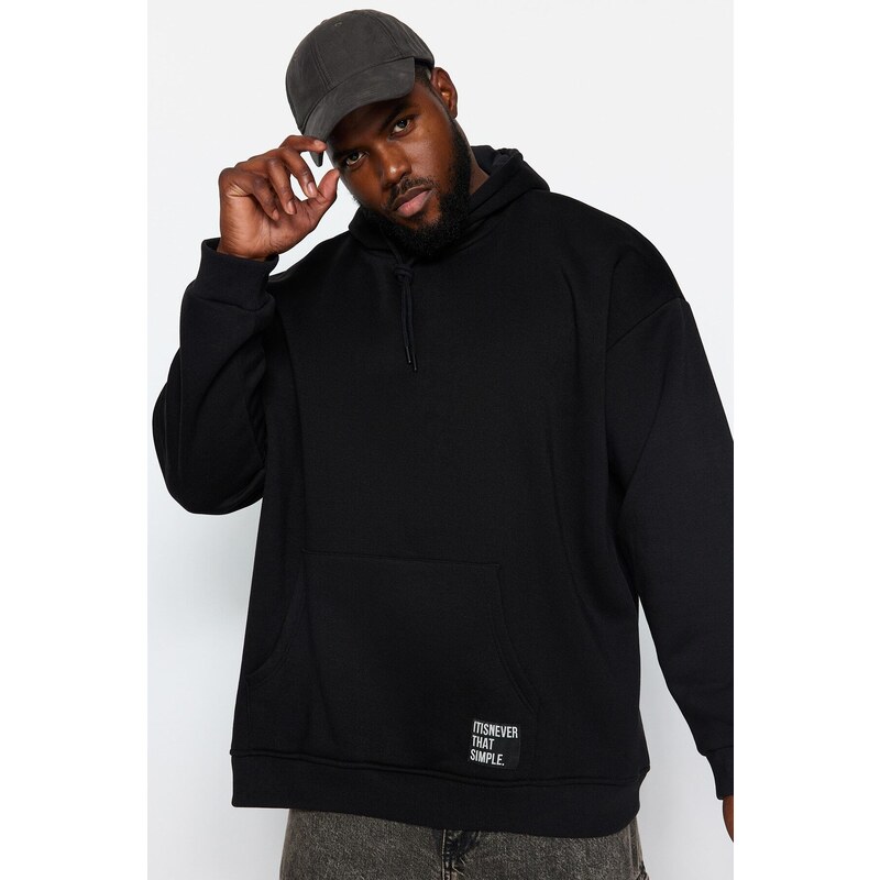 Trendyol Black Plus Size Basic Comfortable Hooded Labeled Fleece Cotton Sweatshirt