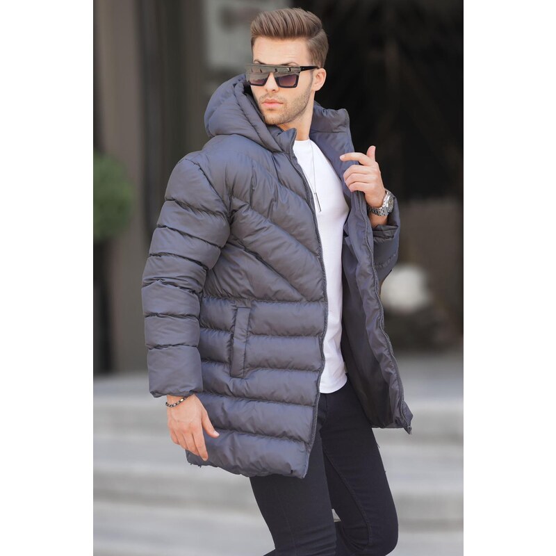 Madmext Men's Gray Hooded Down Jacket 6803